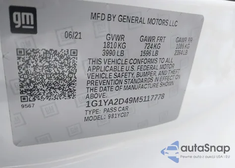 2021 Chevrolet Corvette Stingray Rwd 1Lt из США, поврежденный, VIN 1G1YA2D49M5117778